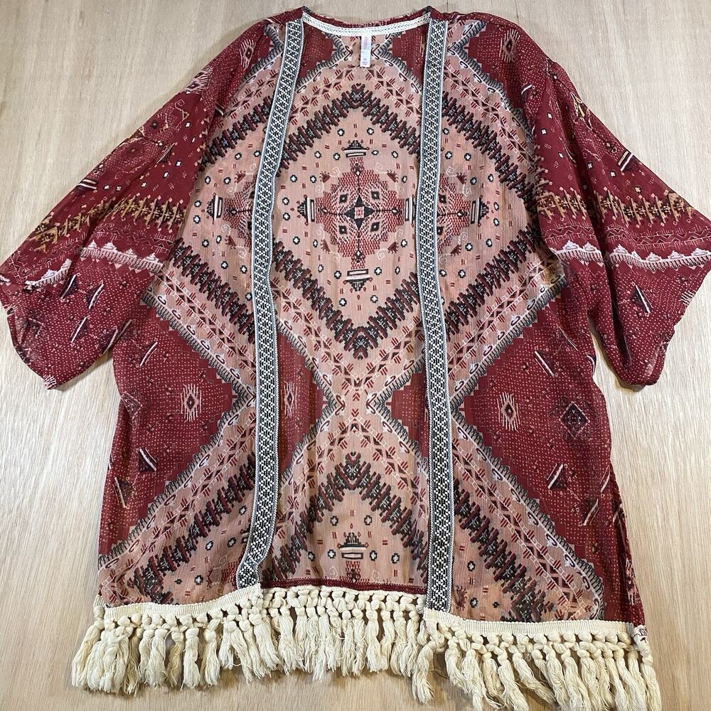 Xhilaration Women’s Kimono Red Aztec Print Tassel Fringe Festival Boho Duster M
